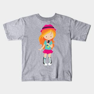 Rock Girl, Orange Hair, Band Singer, Microphone Kids T-Shirt